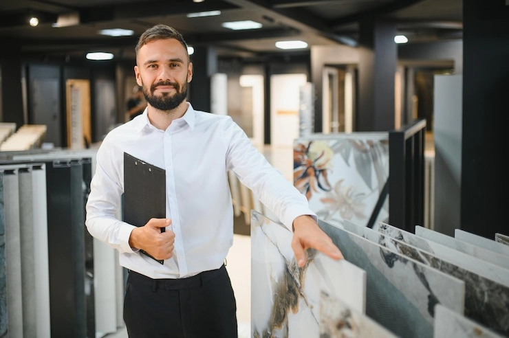 a tiler in a tiles sales room
